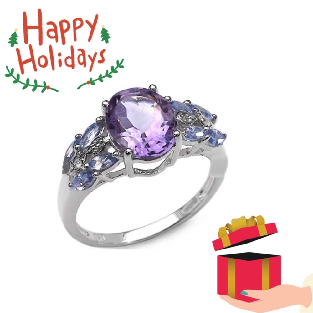 STERLING SILVER AMETHYST TANZANITE & TOPAZ RING